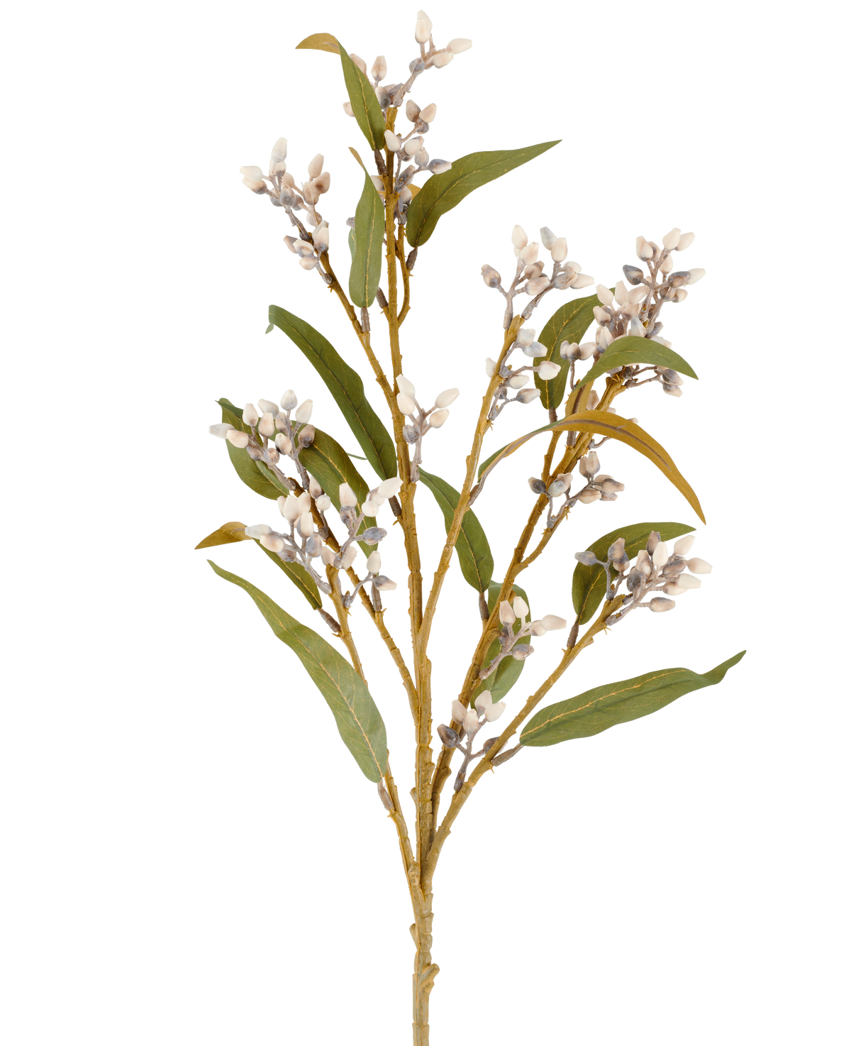 En enkelt 78 cm kunstig blomstereukalyptusstængel i creme/brun, med flere grene af grønne blade og klaser af små, runde blomster, afbilledet mod en almindelig hvid baggrund.