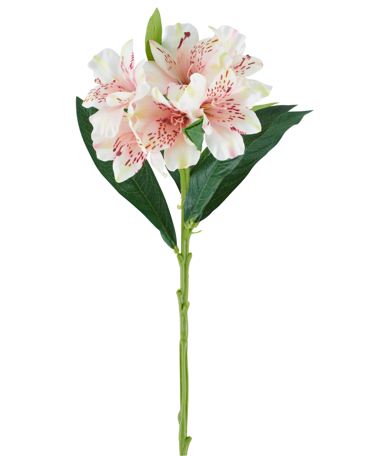 En enkelt stilk af den kunstige Alstroemeria-blomst 74 cm lys pink med grønne blade og tre lys pink blomster med mørke pink pletter, mod en hvid baggrund.