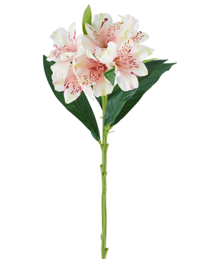 En enkelt stilk af den kunstige Alstroemeria-blomst 74 cm lys pink med grønne blade og tre lys pink blomster med mørke pink pletter, mod en hvid baggrund.