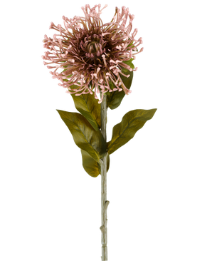 Artificial Flower Protea 65 cm lilla er en enkelt kunstig blomst i form af en protea, med en rund klase af lilla, spidse kronblade, grønne blade og en lang stilk, afbildet mod en almindelig hvid baggrund.