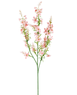 En enkelt grøn stilk med flere grene bærer klynger af små, sarte, lyserøde kunstig blomst Catmint 75 cm lyserøde blomster og grønne blade, afbilledet mod en almindelig hvid baggrund.