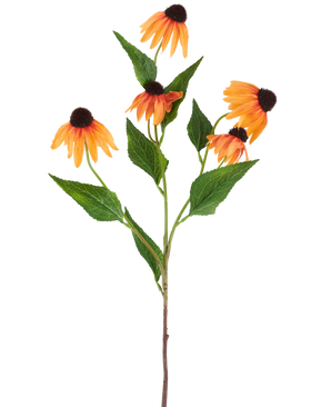 En enkelt kunstig blomst Echinacea på 75 cm, orange, med fem levende orange kappeblomster, hver med en mørkebrun midte og omgivet af grønne blade, mod en almindelig hvid baggrund.