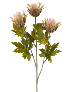 Kunstig blomst Tidsel 67 cm gammel pink består af tre lyserøde og guldfarvede, spidse kunstige tidselblomster med grønne blade på grå stængler, afbildet mod en hvid baggrund.