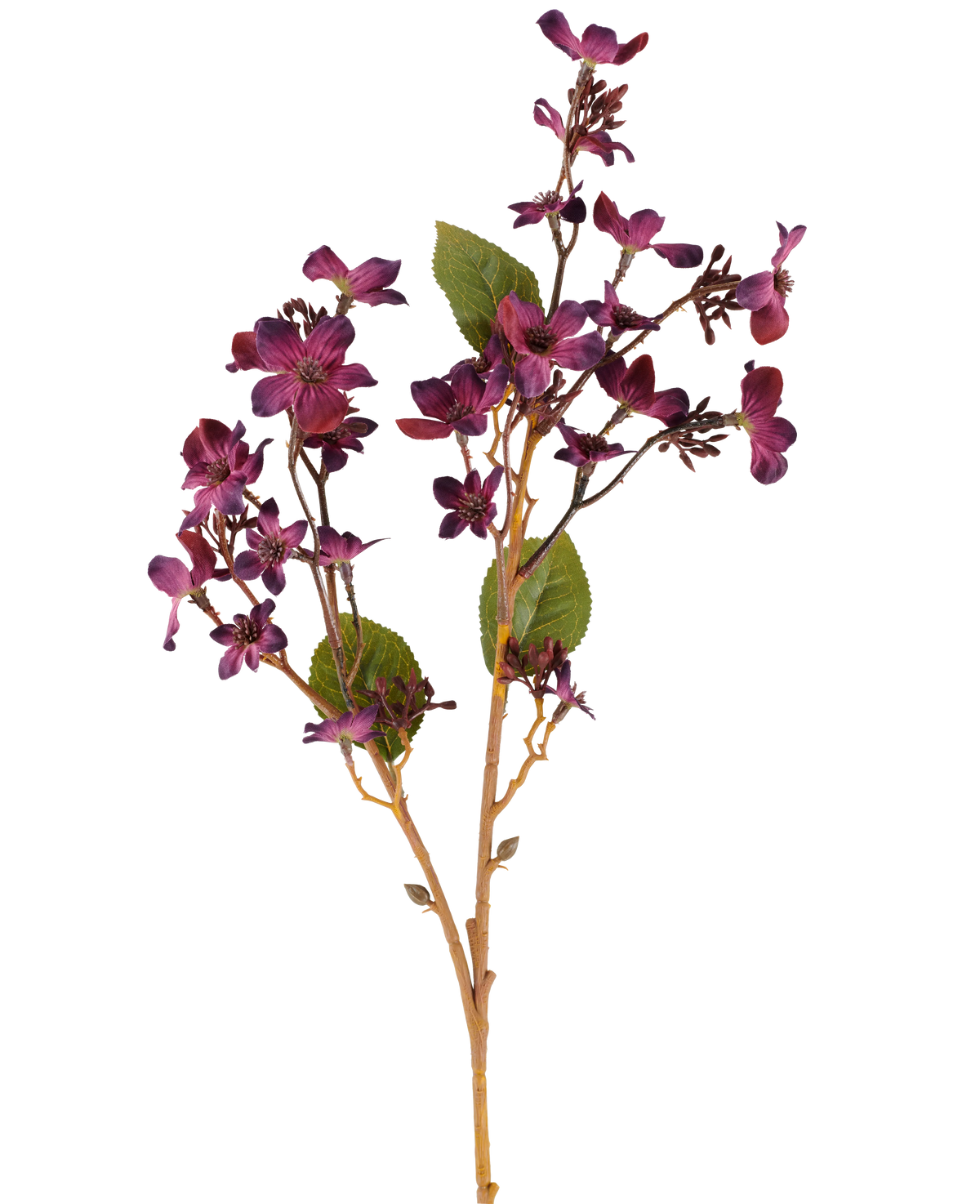 En kunstig blomst Vernicia Fordii på 63 cm i bordeauxrød, med bundter af små, mørkelilla blomster og grønne blade på slanke, lysebrune stængler, vist mod en hvid baggrund.