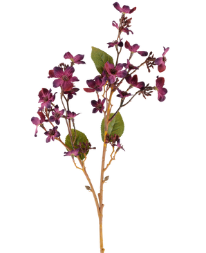 En kunstig blomst Vernicia Fordii på 63 cm i bordeauxrød, med bundter af små, mørkelilla blomster og grønne blade på slanke, lysebrune stængler, vist mod en hvid baggrund.