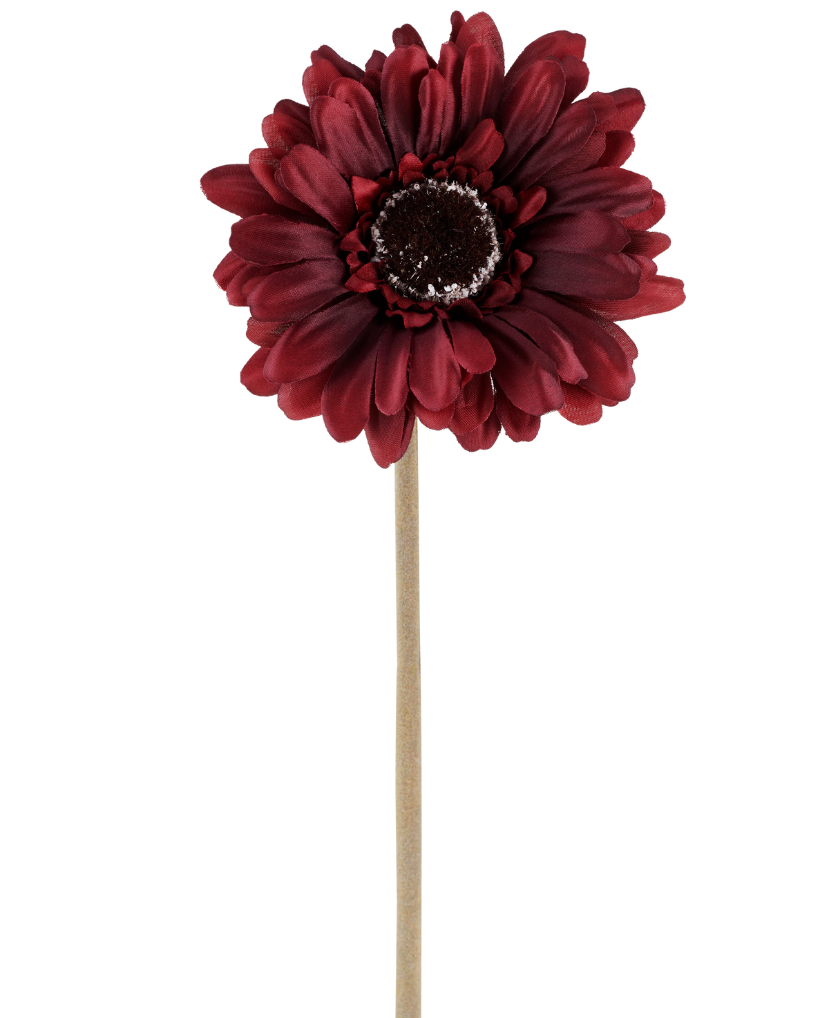 Artificial Flower Gerbera 53 cm bordeaux består af en kunstig gerbera i en rig, mørkerød nuance med lagdelte kronblade og et brunt hjerte, knyttet til en lang, lige, lys stilk og præsenteret mod en almindelig hvid baggrund.