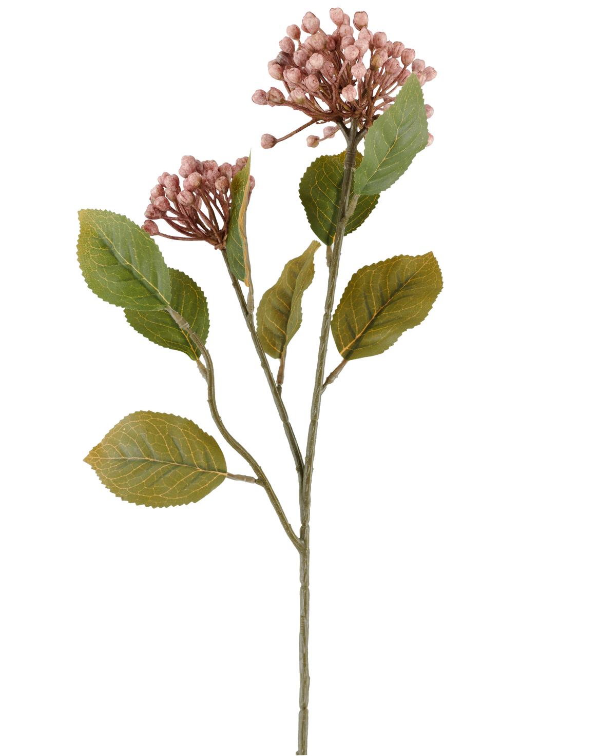 Kunstig blomst Hortensia 55 cm lilla, med bundter af små, lilla knopper og grønne blade på lange, slanke brungrønne stængler, afbildet på hvid baggrund.