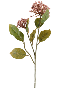 Kunstig blomst Hortensia 55 cm lilla, med bundter af små, lilla knopper og grønne blade på lange, slanke brungrønne stængler, afbildet på hvid baggrund.