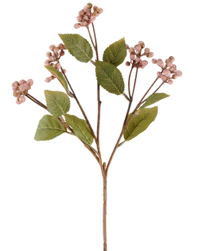 En enkelt lilla kunstig blomst vildbærstængel, 53 cm høj, med flere grene, der bærer bundter af små, runde lilla bær og flere ovale grønne blade mod en hvid baggrund.