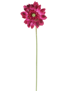 En enkelt Artificial Flower Mini Gerbera på 47 cm i mørk pink med lagdelte kronblade og et grønt hjerte på en lang, slank grøn stilk, isoleret mod en hvid baggrund.
