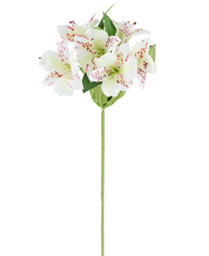 Kunstig blomst Alstroemeria 47 cm cremefarvet med cremefarvede kronblade og subtile røde pletter, suppleret med grønne blade på en enkelt grøn stilk, afbildet mod en hvid baggrund.