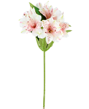 En kunstig Alstroemeria blomst på 47 cm i pink/creme, med lys rosa og hvide kunstige liljer med grønne blade og stilk, afbildet på hvid baggrund.
