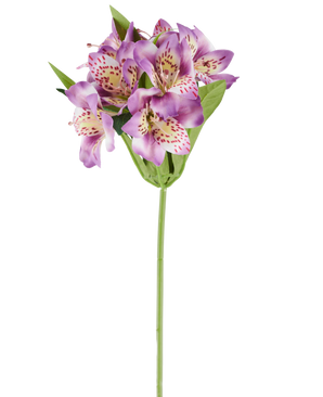 En enkelt kunstig Alstroemeria-blomst på 47 cm, lilla i farven, med flere lilla blomster med lyserøde pletter, grønne blade og en grøn stilk, fotograferet mod en hvid baggrund.