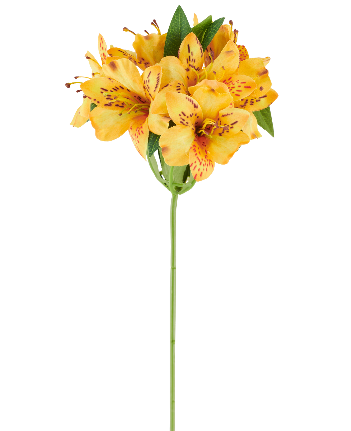 En 47 cm kunstig Alstroemeria-blomst, gul, med levende gul-orange plettede kronblade og frodige grønne blade på en enkelt grøn stilk, afbilledet mod en hvid baggrund.