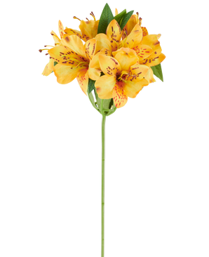 En 47 cm kunstig Alstroemeria-blomst, gul, med levende gul-orange plettede kronblade og frodige grønne blade på en enkelt grøn stilk, afbilledet mod en hvid baggrund.