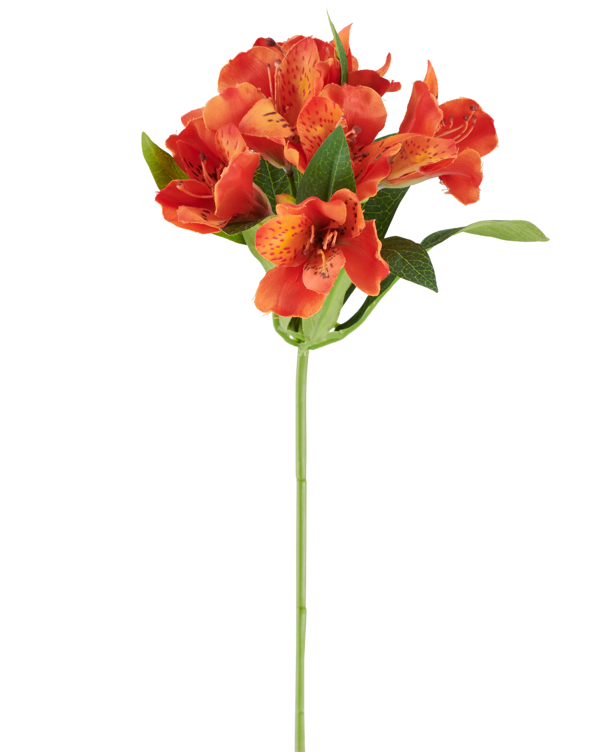Kunstig blomst Alstroemeria, 47 cm, orange med flere plettede blomster og grønne blade på hvid baggrund.