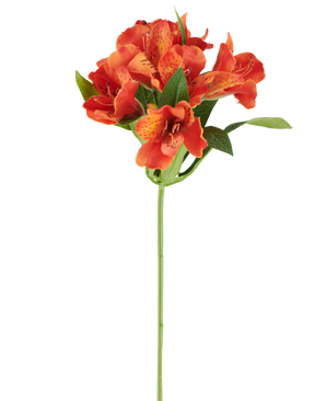 Kunstig blomst Alstroemeria, 47 cm, orange med flere plettede blomster og grønne blade på hvid baggrund.
