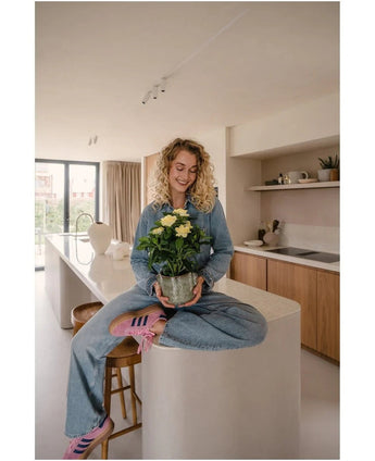 En kvinde med krøllet blond hår, iklædt jeans og stribede sokker, sidder smilende på køkkenbordet, mens hun holder den Artificial Gardenia UV 39 cm plante – en potteplante med gule blomster. I baggrunden ses et moderne køkken med træskabe og hylder.