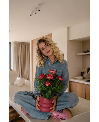 En kvinde med krøllet blond hår, iført en denim jumpsuit og lyserøde sneakers, sidder overskrævs på en køkkenbord og smiler, mens hun holder den Artificial Gardenia UV 39 cm plante i fuchsia.