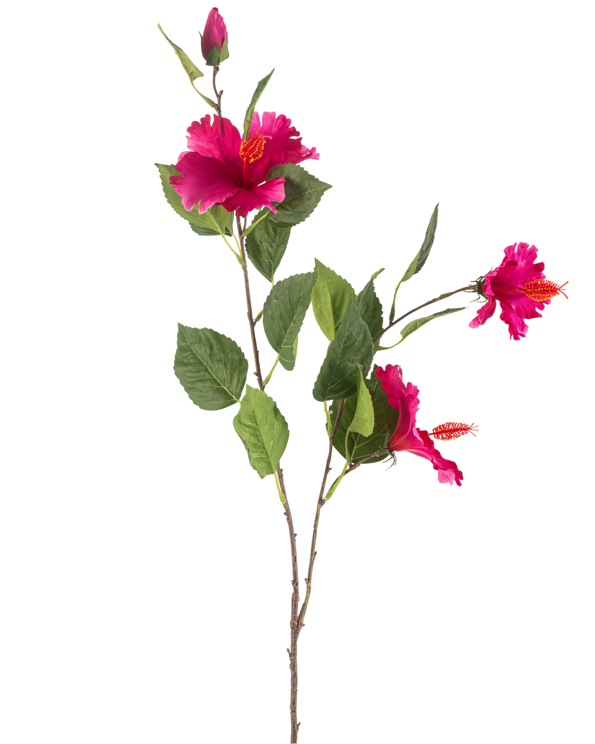 Kunstig Blomst Hibiscus 89 cm fuchsia har en gren med grønne blade, flere levende fuchsia hibiscus blomster og en lukket knop, alt sammen mod en hvid baggrund.