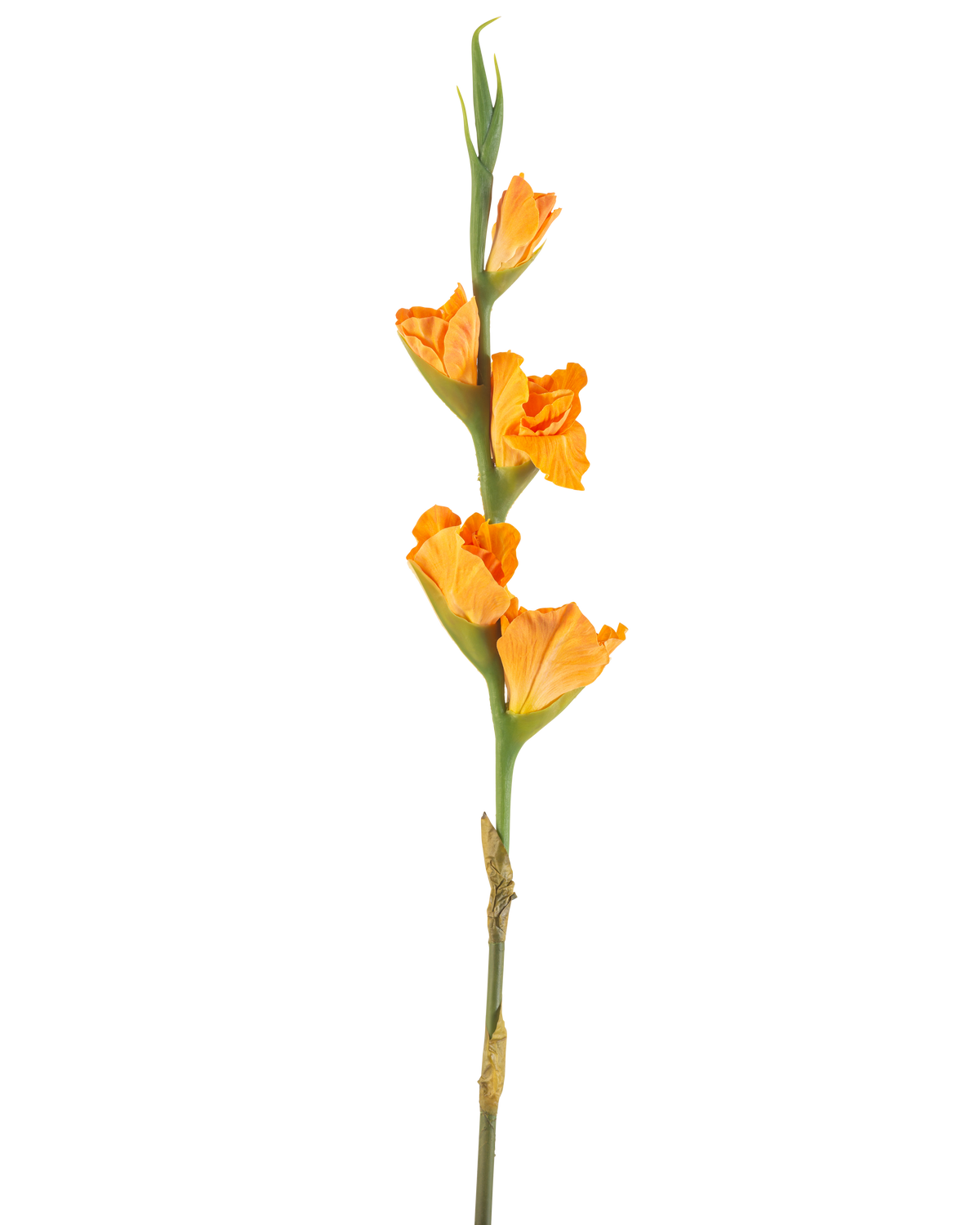 Artificial Flower Gladiolus 83 cm orange har en lang grøn stilk med flere orange gladiolus blomster på en hvid baggrund.