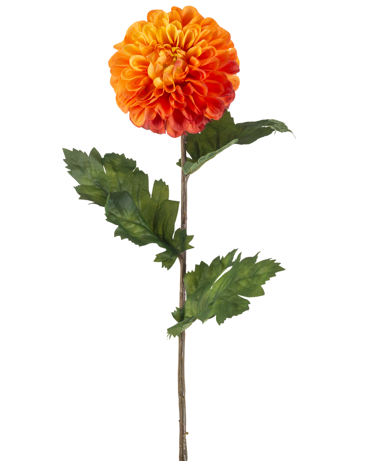 Artificial Flower Dahlia 75 cm orange har en enkelt orange dahlia med lagdelte kronblade, grønne blade og en lang brun stilk, mod en almindelig hvid baggrund.