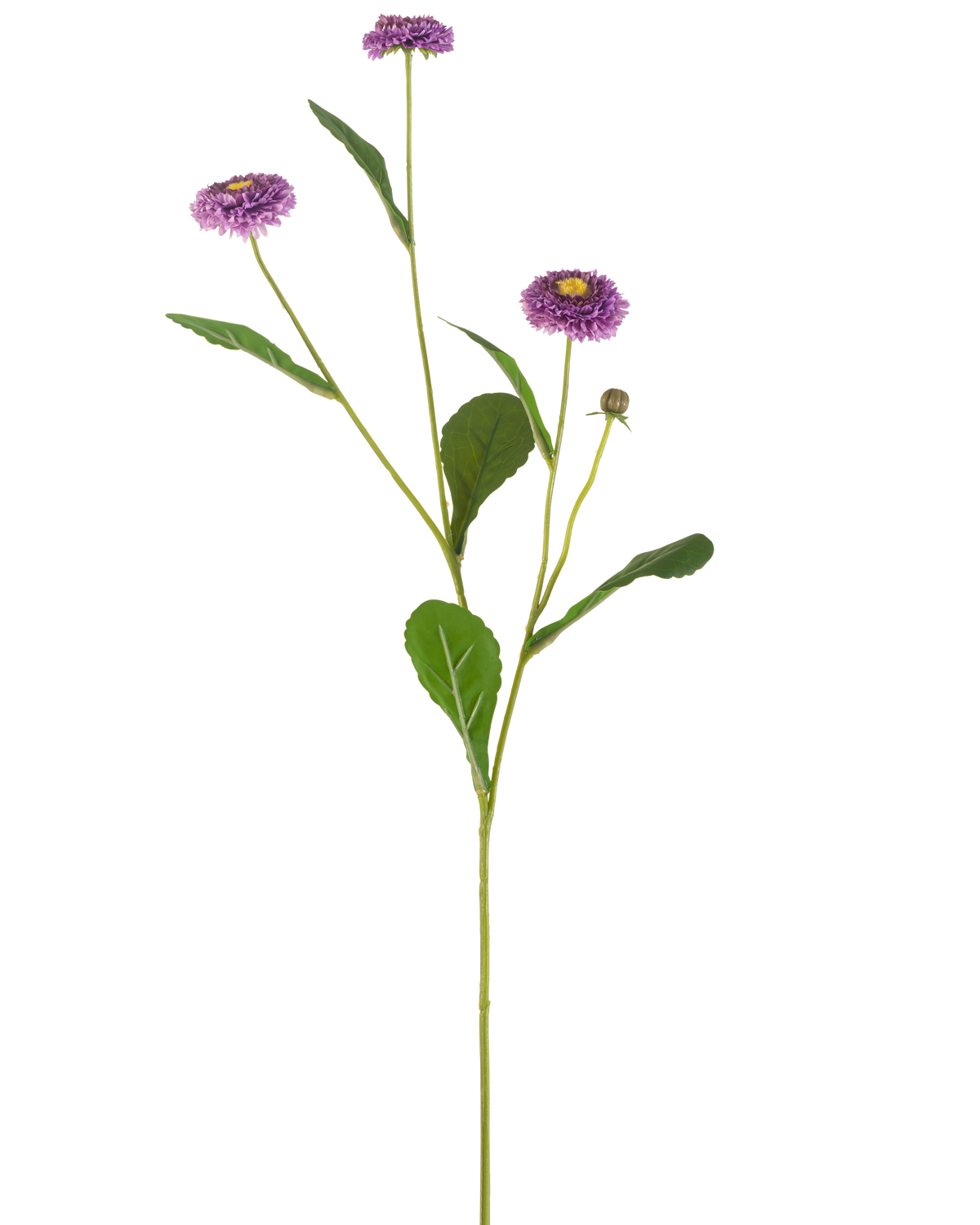 Et kunstig blomster sommergitter på 57 cm med en enkelt grøn stilk, tre lilla tusindfryd-lignende blomster med et gult hjerte og en række grønne blade, afbildet mod en almindelig hvid baggrund.