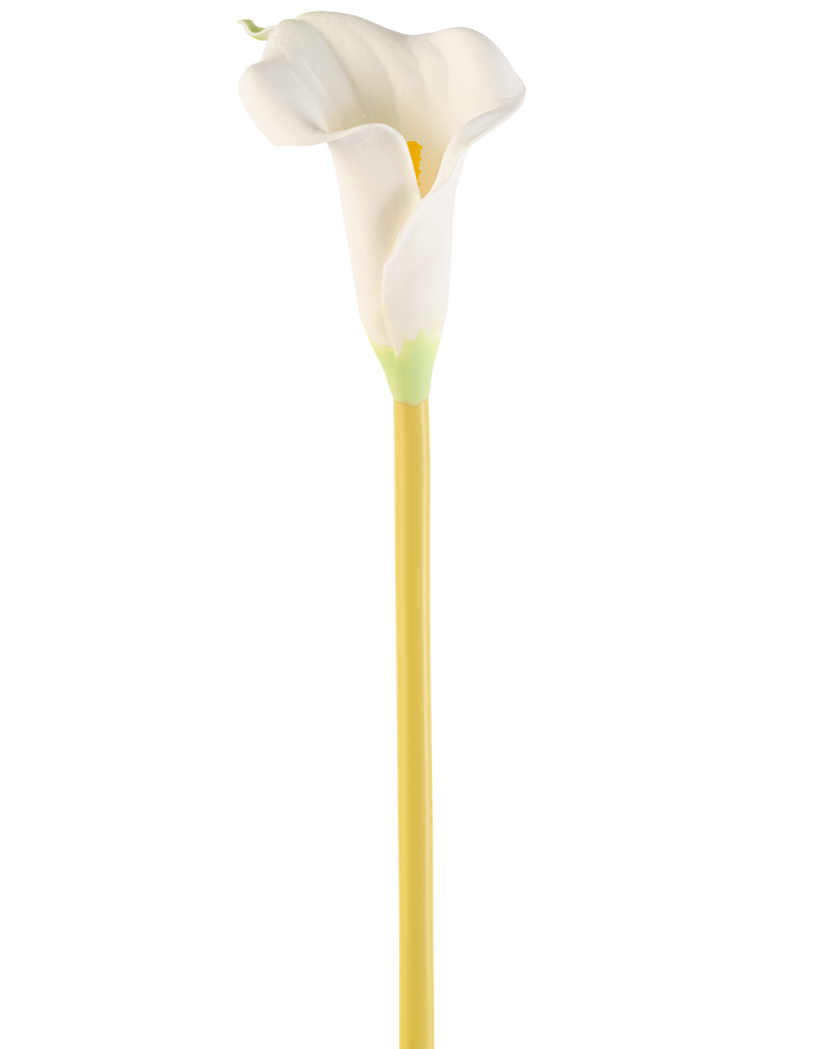 Artificial Flower Calla 64 cm cremen er en enkelt kunstig hvid calla lilje med en lang gul stilk, mod en almindelig hvid baggrund.