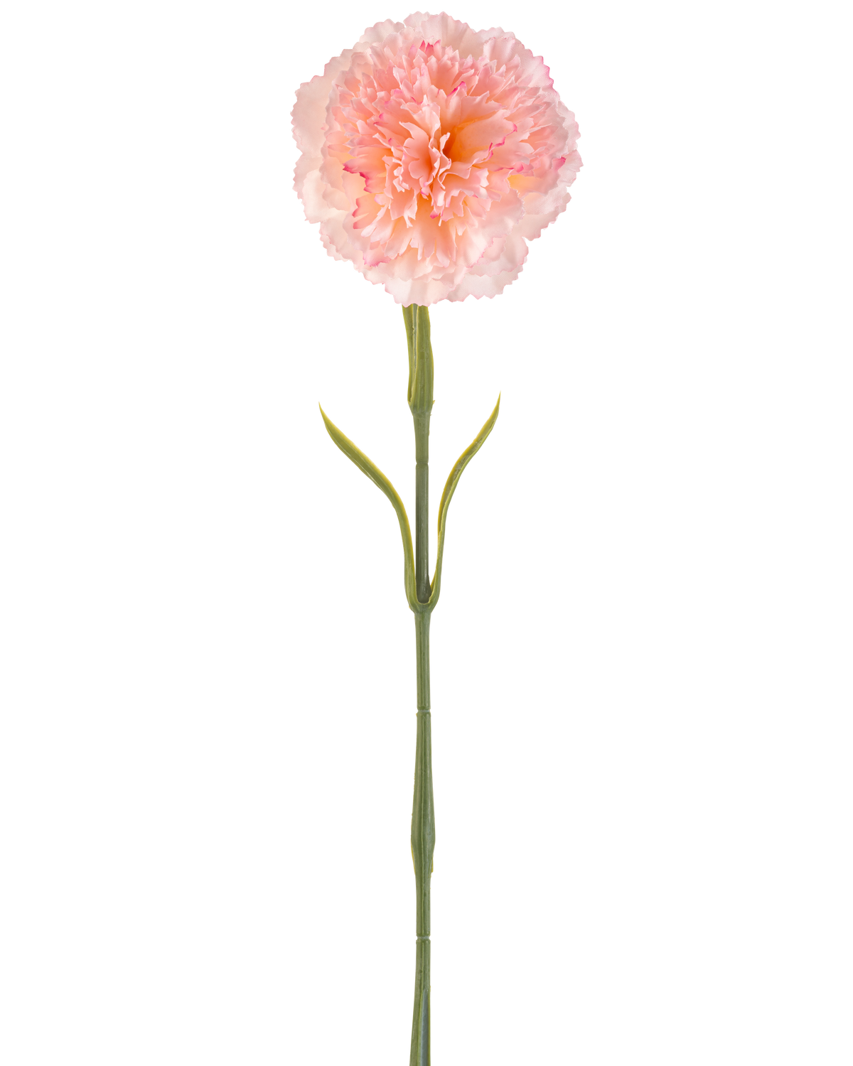 Kunstig blomst Nellik 57 cm rødmende: En enkelt kunstig lys rosa nelliker med plisserede kronblade på en lang grøn stilk og to par slanke blade, afbildet på hvid baggrund.