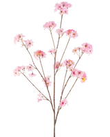De Kunstbloem Kersenbloesem 130 cm roze heeft een enkele bruine steel die zich vertakt in trossen van tere roze kersenbloesems, prachtig tegen een effen witte achtergrond.