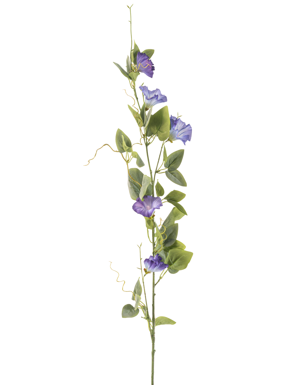 Artificial Flower Bindweed 122 cm lilla har en lang grøn stilk med flere grønne blade og lilla, trompetformede kunstige blomster, arrangeret lodret mod en almindelig hvid baggrund.