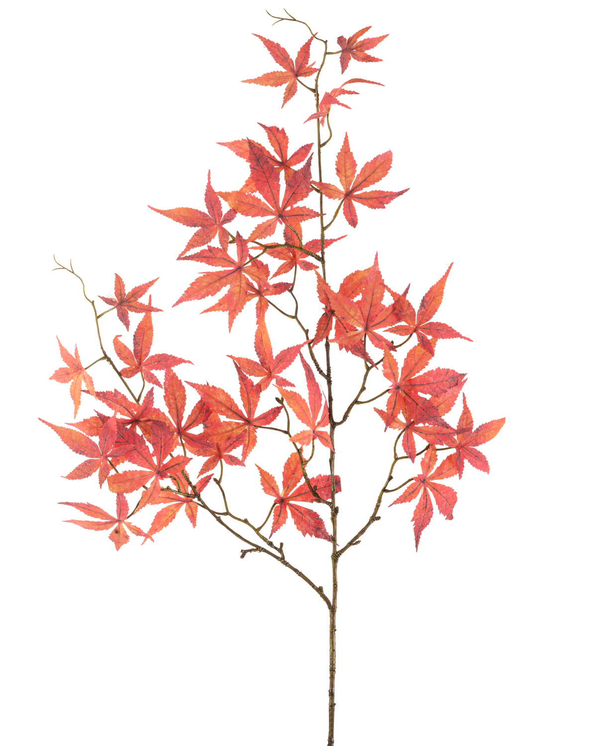 Artificial Flower Maple Leaf 109 cm rød har flere tynde grene dekoreret med levende røde, stjerneformede ahornblade, smukt vist mod en almindelig hvid baggrund.