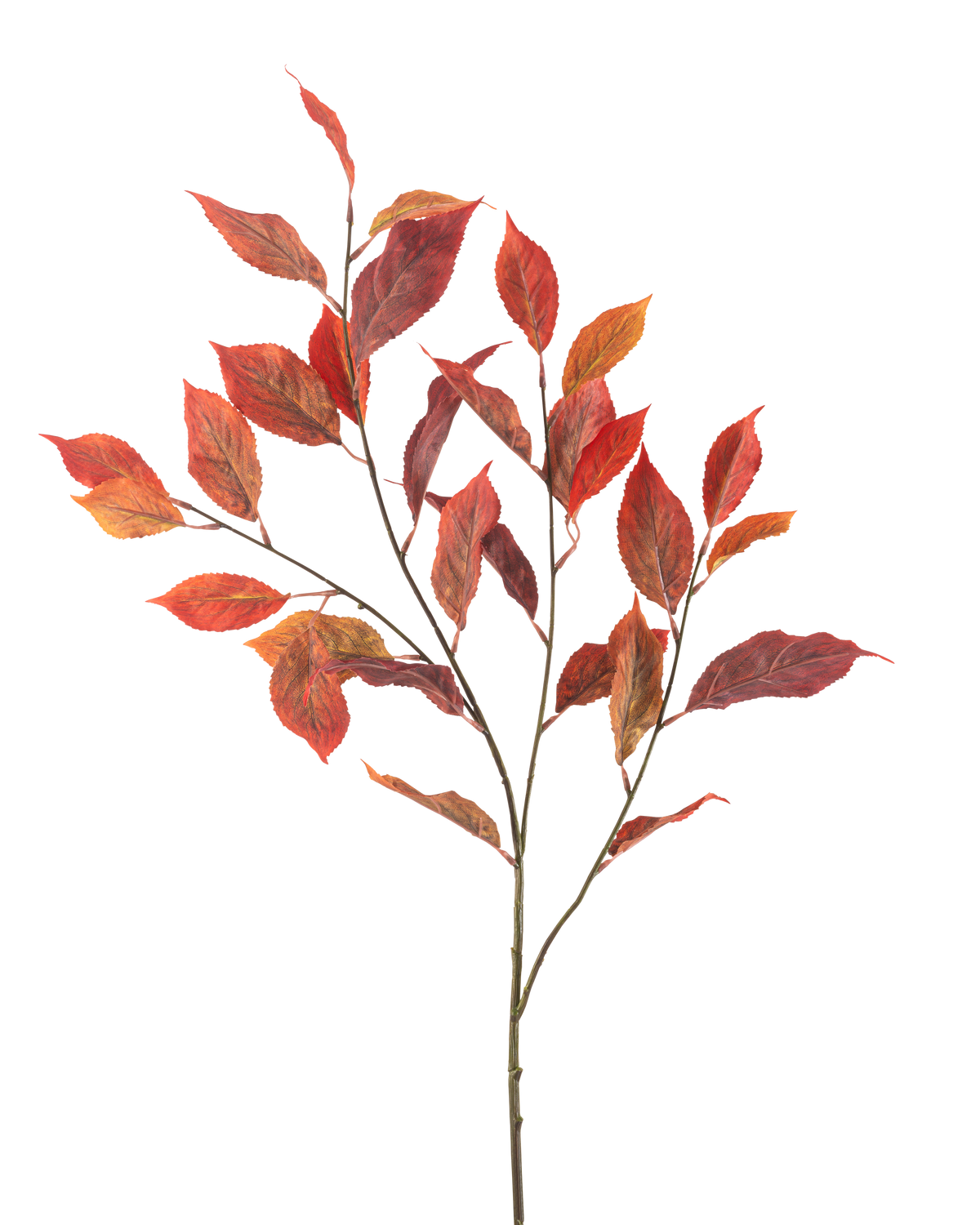 Artificial Flower Elm Leaf 113 cm rød har flere tynde stængler med levende røde og orange efterårsblade, isoleret på en hvid baggrund.