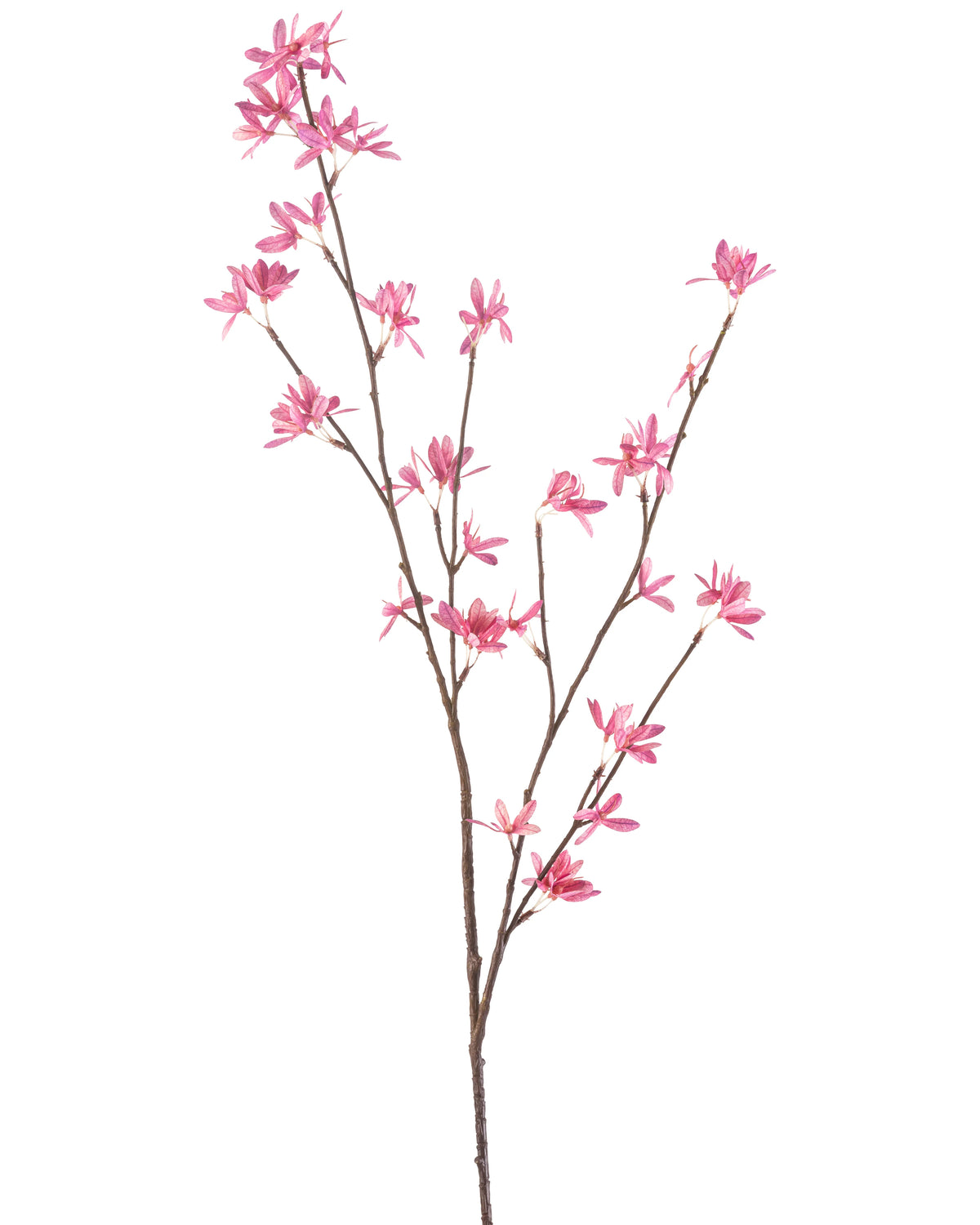 Artificial Flower Wildflowers 112 cm fuchsia har en enkelt gren med flere udløbere, med sarte fuchsia blomster mod en hvid baggrund.