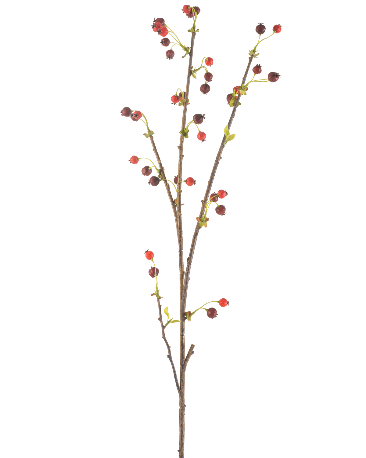 Den kunstige blomst hyben 112 cm rød har en enkelt brun gren med små røde og mørke lilla bær og et par lysegrønne blade, mod en almindelig hvid baggrund.