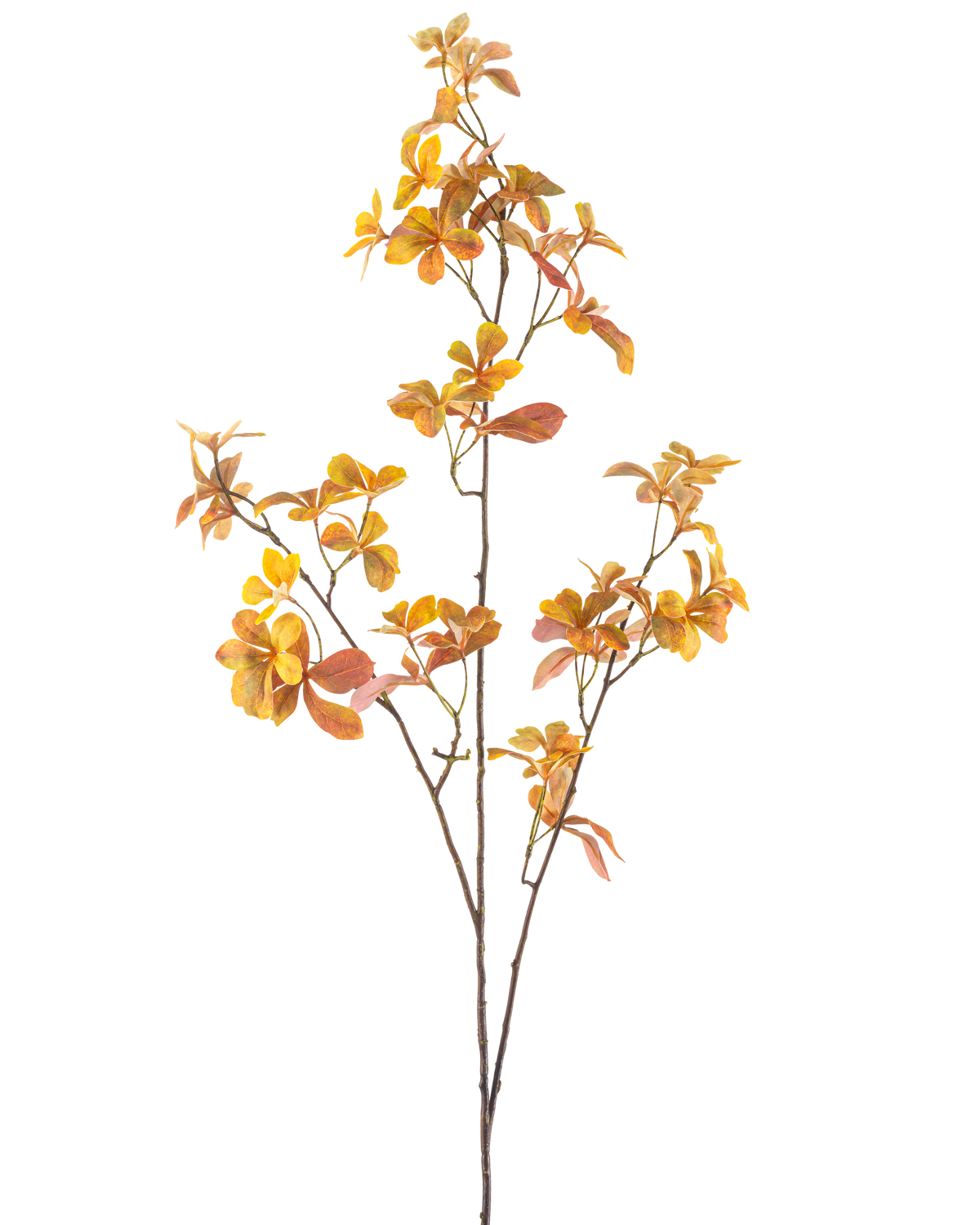 Den kunstige gren Enkianthus 112 cm gul er en enkelt kunstig gren med flere stængler og gule efterårsblade, mod en almindelig hvid baggrund.