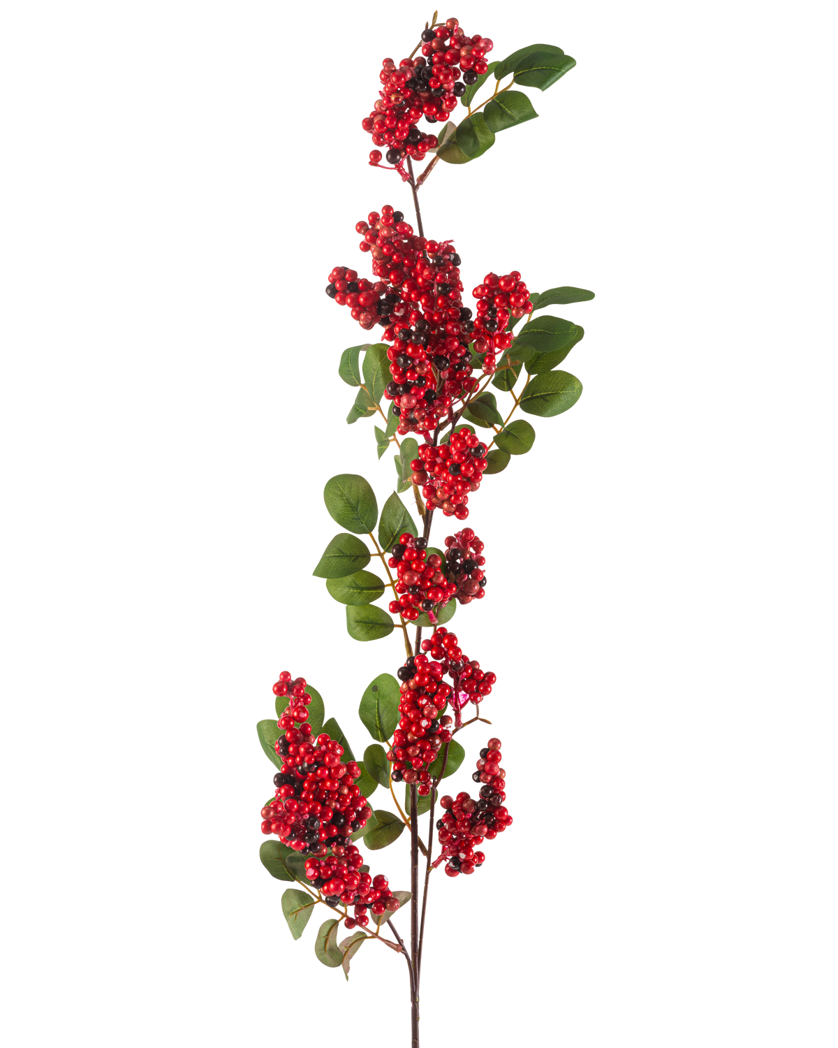 De kunstige blomsterbær 104 cm rød har en enkelt gren med klynger af små, klare røde bær og grønne blade mod en hvid baggrund.