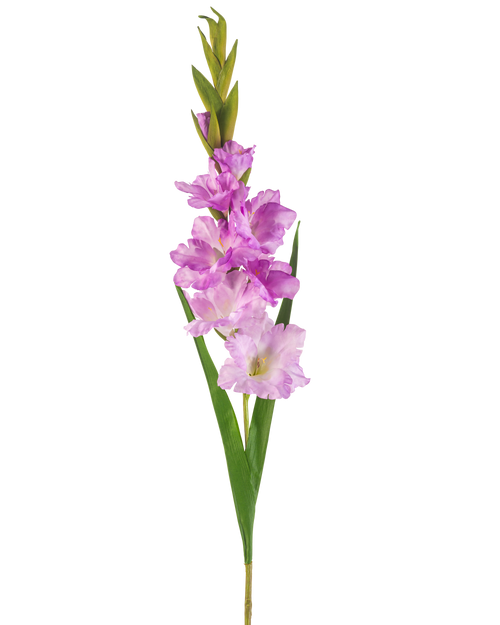 Artificial Flower Gladiolus 93 cm lilla er en kunstig gladiolus-stængel med lyse lilla og lyserøde blomster, grønne blade og knopper mod en hvid baggrund.