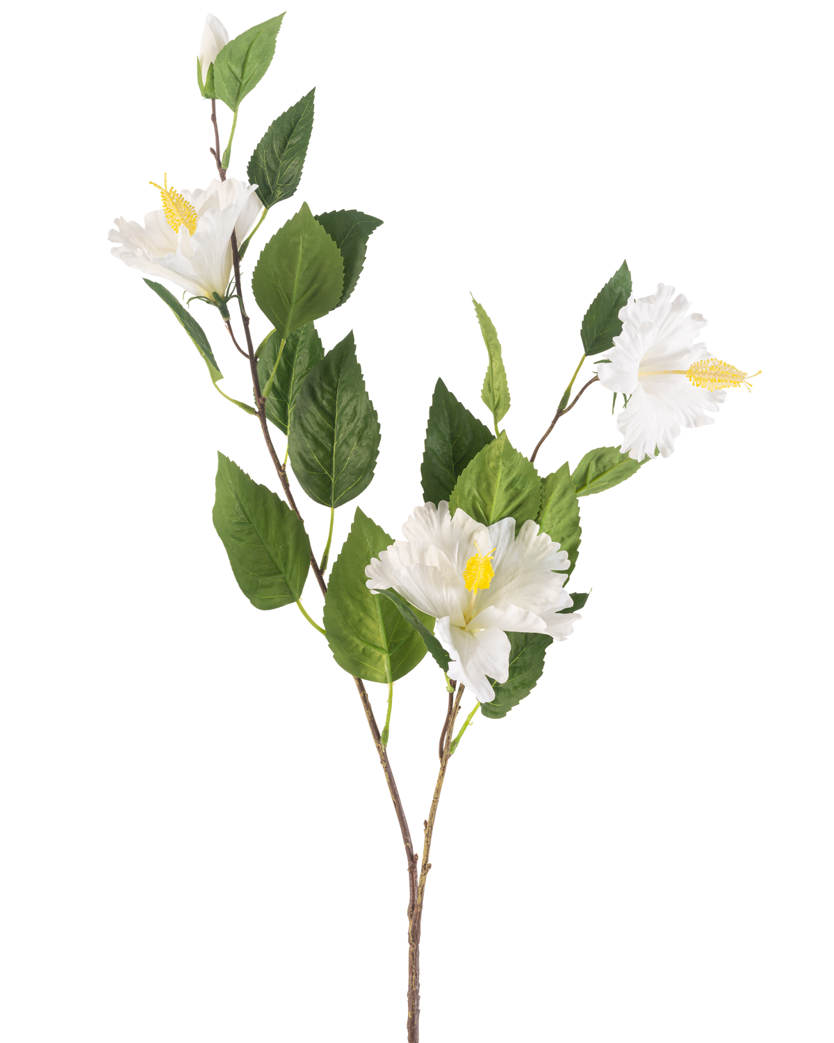 Artificial Flower Hibiscus 89 cm cremen har en gren med grønne blade og tre cremefarvede hibiscus blomster med gule støvdragere mod en almindelig hvid baggrund.