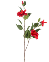 De Kunstbloem Hibiscus 89 cm rood heeft een enkele steel met drie levendige rode hibiscusbloemen en weelderige groene bladeren tegen een witte achtergrond.