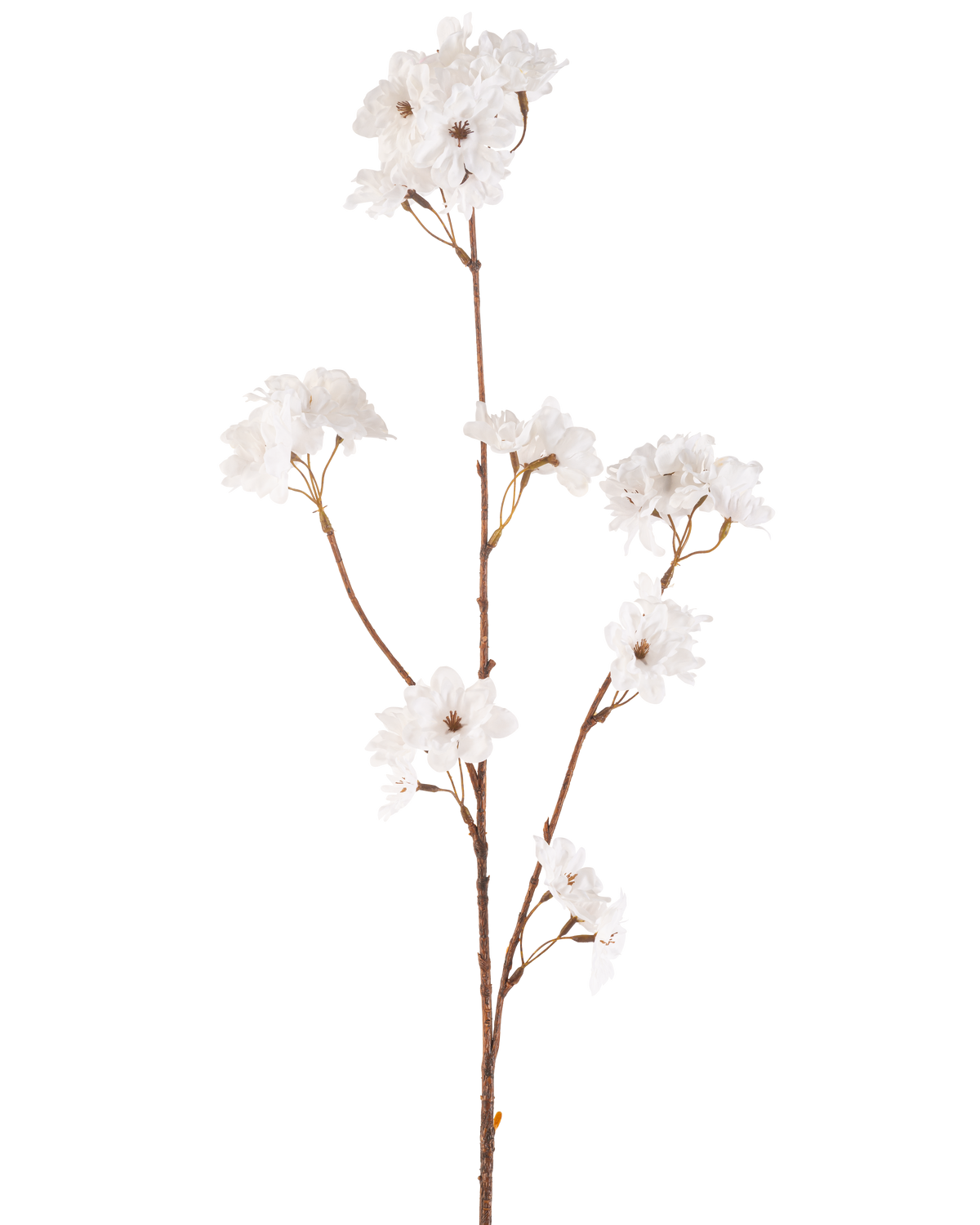 Artificial Flower Cherry Blossom 85 cm cremen har en slank brun stilk med flere grene, der holder bundter af sarte creme kunstige kirsebærblomster, alt sammen mod en almindelig hvid baggrund.