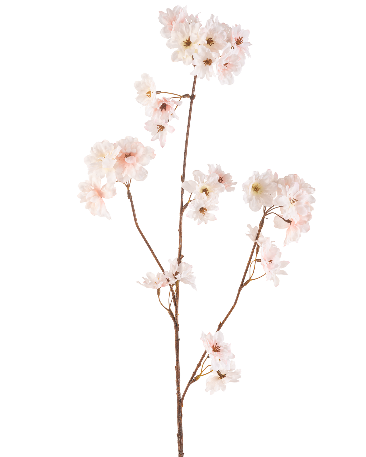 Den Artificial Flower Cherry Blossom 85 cm blush har en enkelt brun stilk med flere grene, hver dekoreret med sarte blomstrende pink kirsebærblomster, mod en almindelig hvid baggrund.