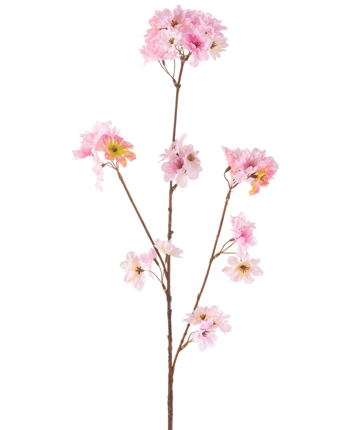 Artificial Flower Cherry Blossom 85 cm pink har en enkelt brun stilk med flere grene, hver dekoreret med bundter af sarte lyserøde kunstige kirsebærblomster, mod en almindelig hvid baggrund.