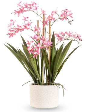 De Kunstplant Mini Cymbidium Real Touch 58 cm roze heeft lange groene bladeren en meerdere roze bloemstelen, gerangschikt in een gestructureerde witte cilindrische pot, tegen een effen witte achtergrond.
