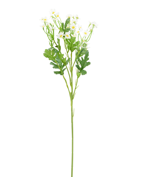 Kunstig blomst Daisy Mini 61 cm: hvid kunstig blomst i form af en tusindfryd, med hvide kronblade, et gult hjerte og grønne blade.