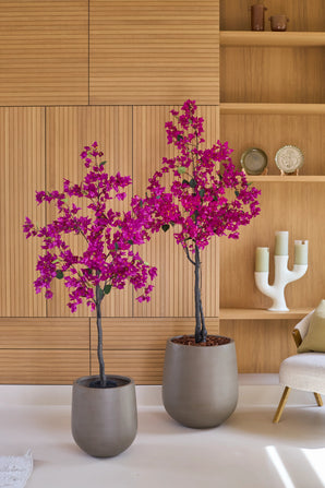 To potteplanter af typen Artificial Bougainvillea på 180 cm, i farven lilla, med sprudlende lilla blomster står foran en lys trævæg og hylder med pyntegenstande som stearinlys og tallerkener. Til højre ses en beige stol, som tilføjer en hyggelig atmosfære til denne livlige kunstige plantestue.