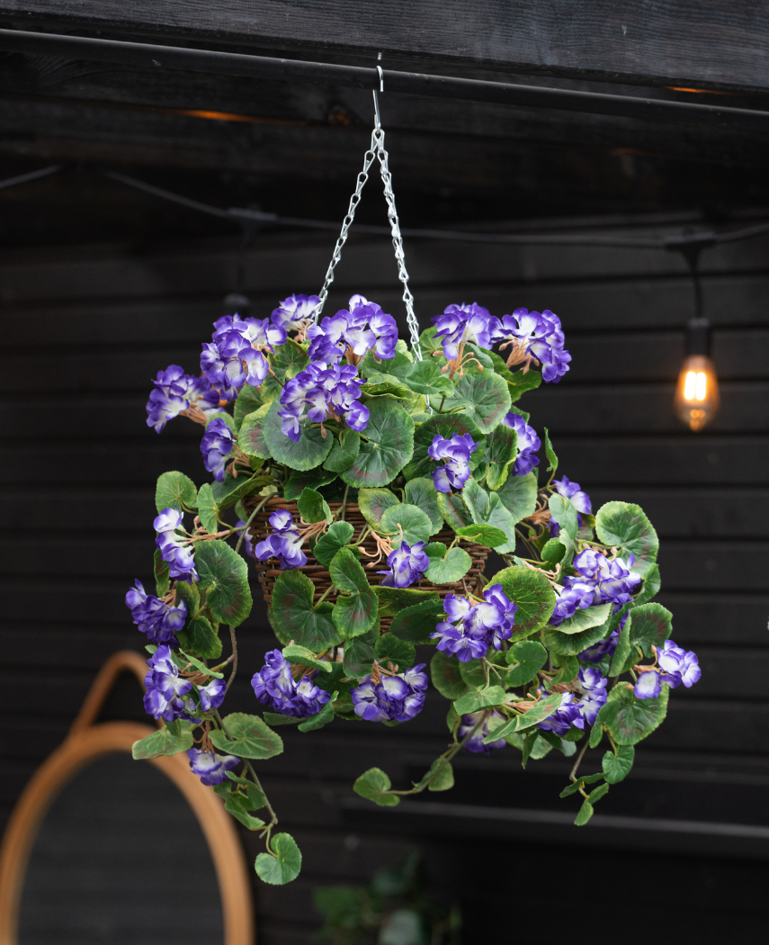 Den kunstige Begonia lilla i kurv UV 70 cm hænger fra en kæde og viser frodige grønne blade og levende lilla og hvide blomster. Bagved fuldender en mørk trævæg og en lysende lampe scenen.