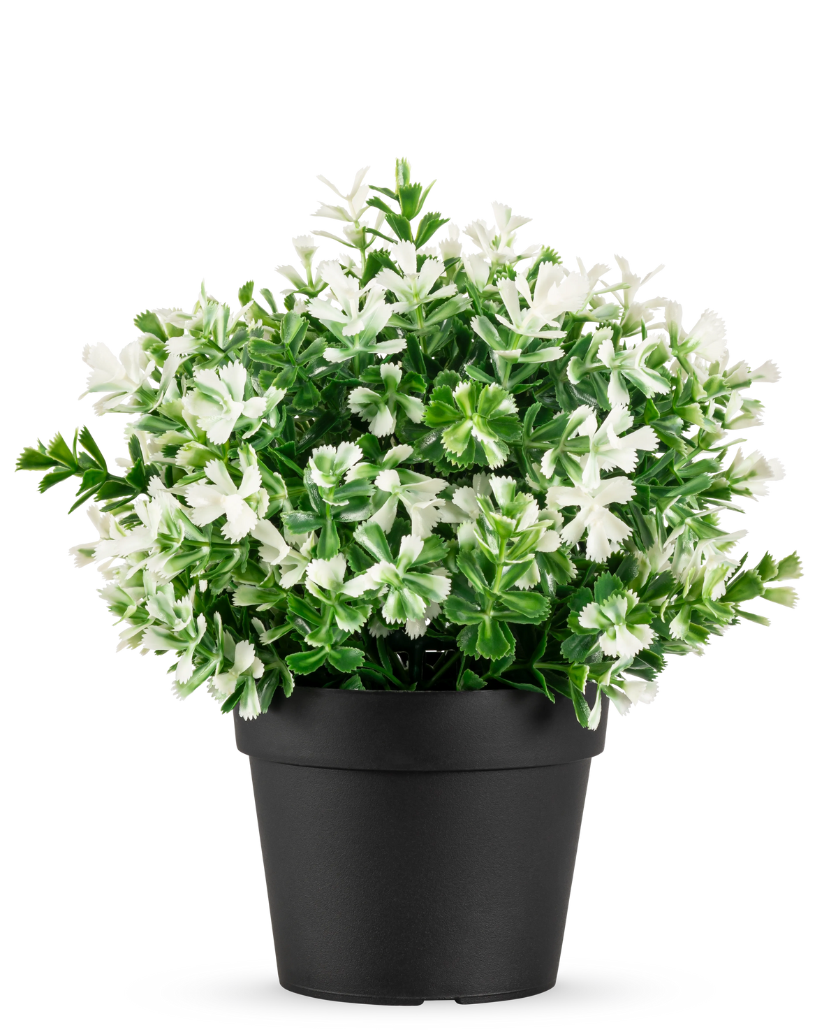 Den Kunstige Plante Firkløver hvid UV 22 cm er en sort urtepotte med kunstige grønne blade og små hvide blomster på en almindelig hvid baggrund.