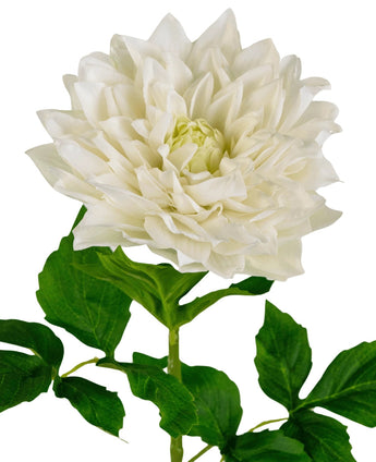Kunst Georgine Real Touch hvid 70 cm har en stor hvid dahlia i fuldt flor med lagdelte kronblade på en grøn stilk og blade, mod en almindelig hvid baggrund.