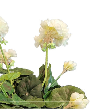 Een close-up van de Kunst Geranium 40 cm wit, met lichtwitte kunstbloemen met groene bladeren tegen een effen witte achtergrond.